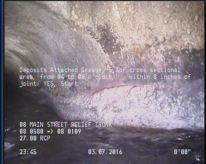 Deposits Attached Grease, 5 %of cross sectional area, from 04 to 08 o'clock, , within 8 inches of joint: YES, Start