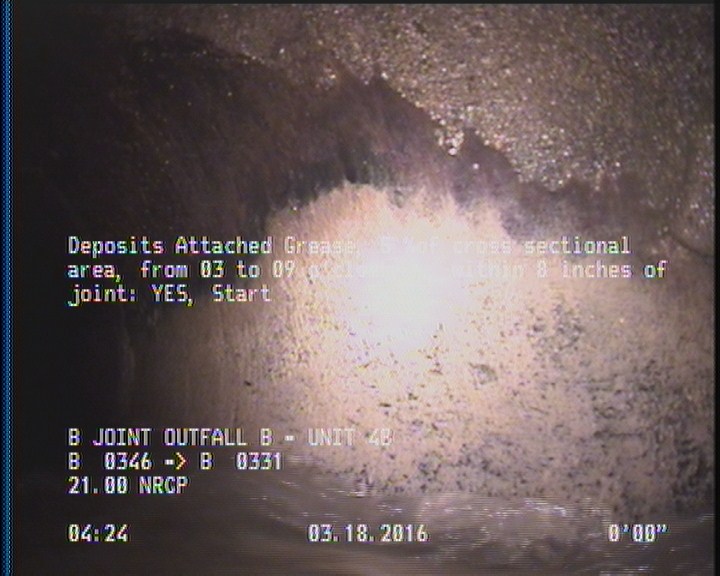 Deposits Attached Grease, 5 %of cross sectional area, from 03 to 09 o'clock, , within 8 inches of joint: YES, Start