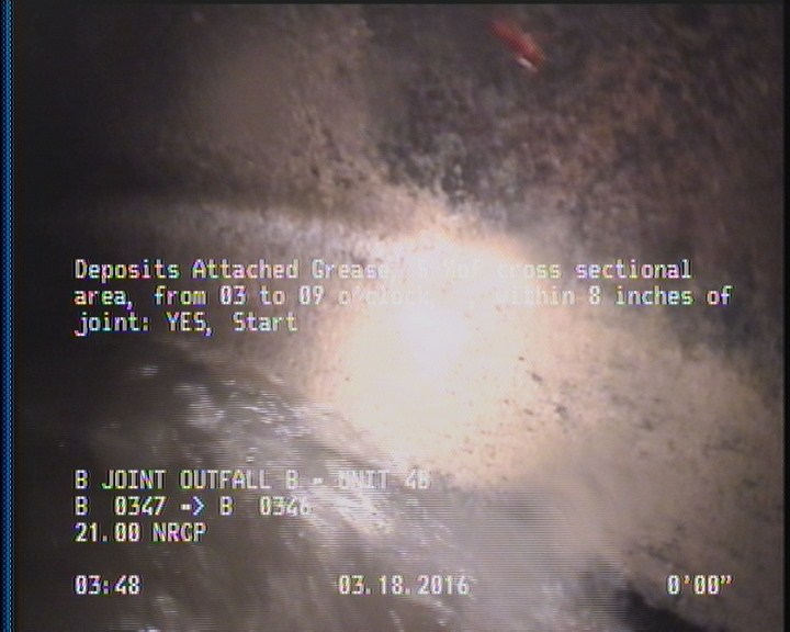 Deposits Attached Grease, 5 %of cross sectional area, from 03 to 09 o'clock, , within 8 inches of joint: YES, Start