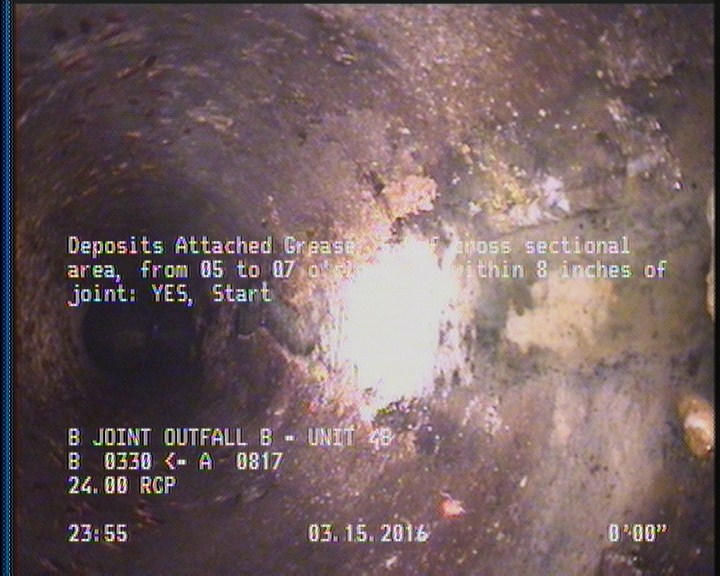 Deposits Attached Grease, 10 %of cross sectional area, from 05 to 07 o'clock, , within 8 inches of joint: YES, Start