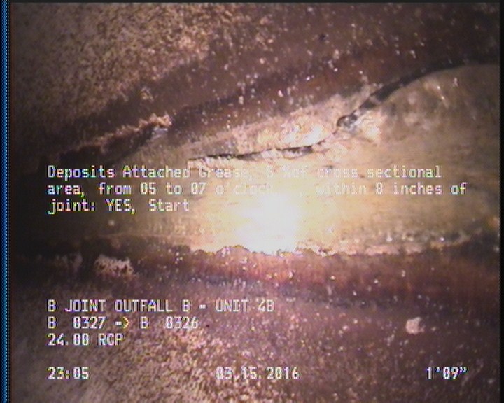 Deposits Attached Grease, 5 %of cross sectional area, from 05 to 07 o'clock, , within 8 inches of joint: YES, Start