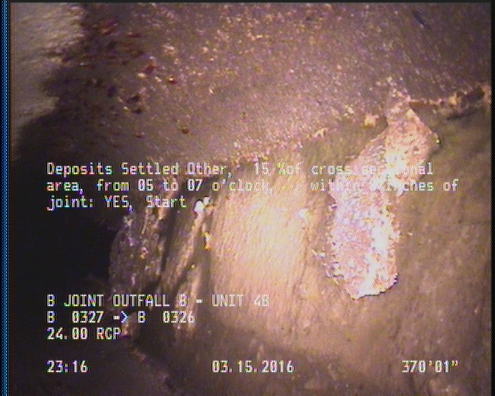 Deposits Settled Other, 15 %of cross sectional area, from 05 to 07 o'clock, , within 8 inches of joint: YES, Start