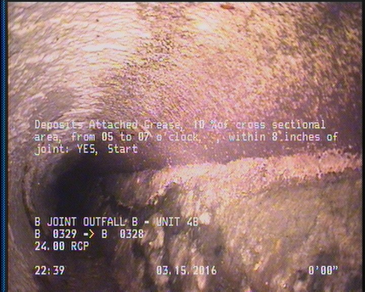 Deposits Attached Grease, 10 %of cross sectional area, from 05 to 07 o'clock, , within 8 inches of joint: YES, Start