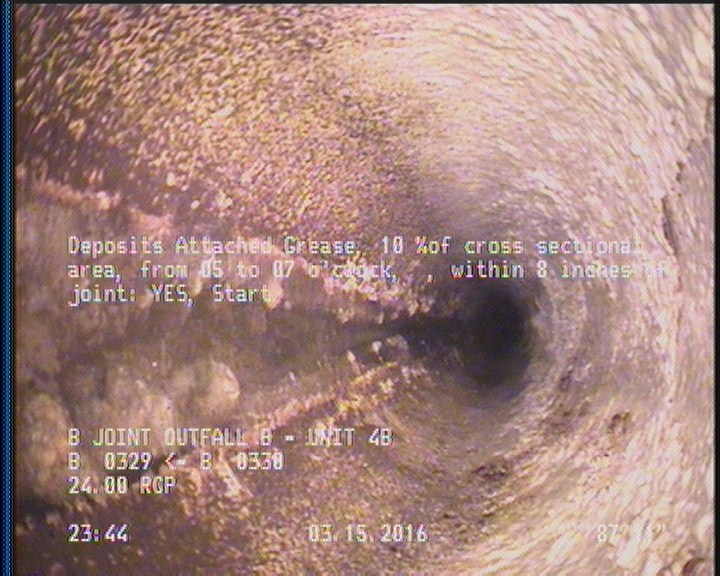 Deposits Attached Grease, 10 %of cross sectional area, from 05 to 07 o'clock, , within 8 inches of joint: YES, Start