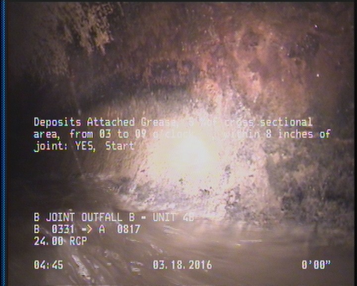 Deposits Attached Grease, 5 %of cross sectional area, from 03 to 09 o'clock, , within 8 inches of joint: YES, Start