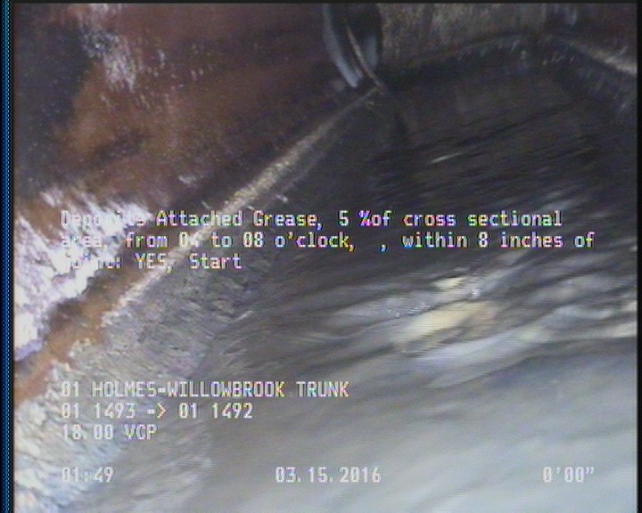 Deposits Attached Grease, 5 %of cross sectional area, from 04 to 08 o'clock, , within 8 inches of joint: YES, Start