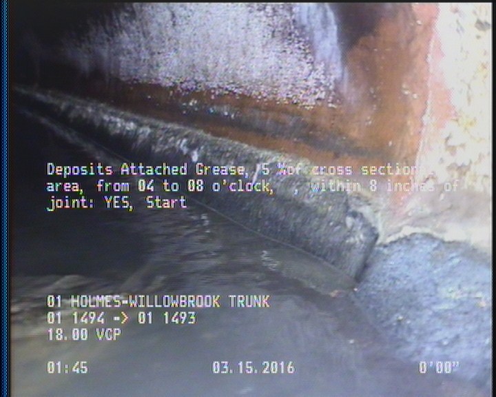 Deposits Attached Grease, 5 %of cross sectional area, from 04 to 08 o'clock, , within 8 inches of joint: YES, Start