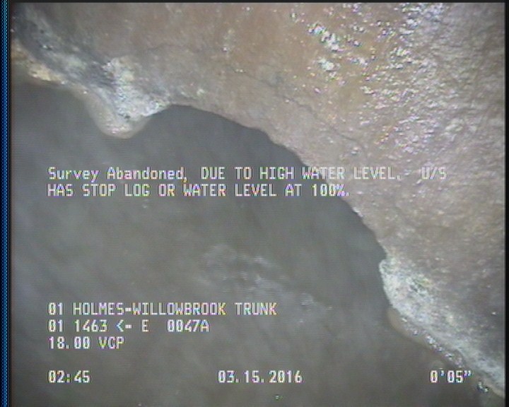 Survey Abandoned - DUE TO HIGH WATER LEVEL. U/S HAS STOP LOG OR WATER LEVEL AT 100%.