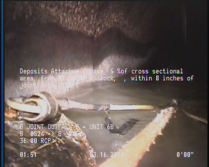 Deposits Attached Grease, 5 %of cross sectional area, from 03 to 09 o'clock, , within 8 inches of joint: YES, Start