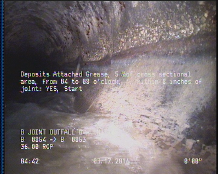 Deposits Attached Grease, 5 %of cross sectional area, from 04 to 08 o'clock, , within 8 inches of joint: YES, Start