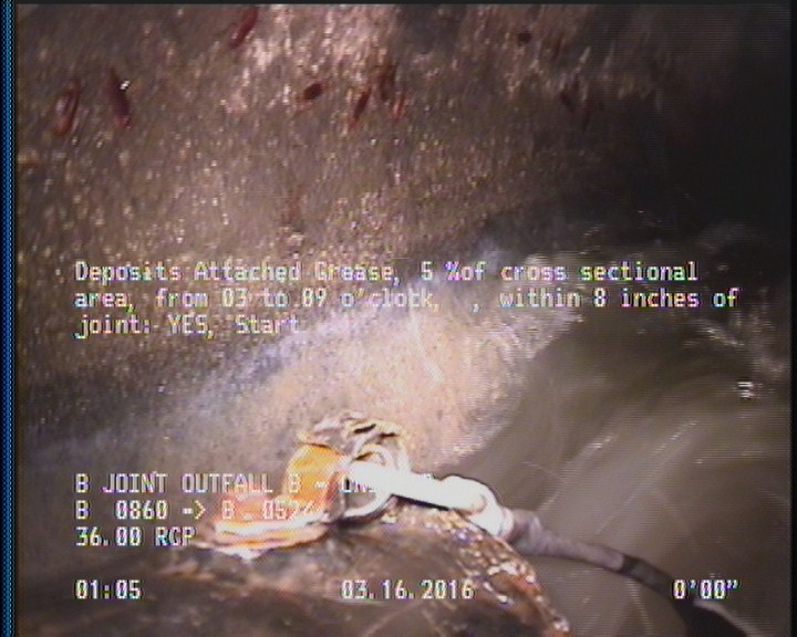 Deposits Attached Grease, 5 %of cross sectional area, from 03 to 09 o'clock, , within 8 inches of joint: YES, Start
