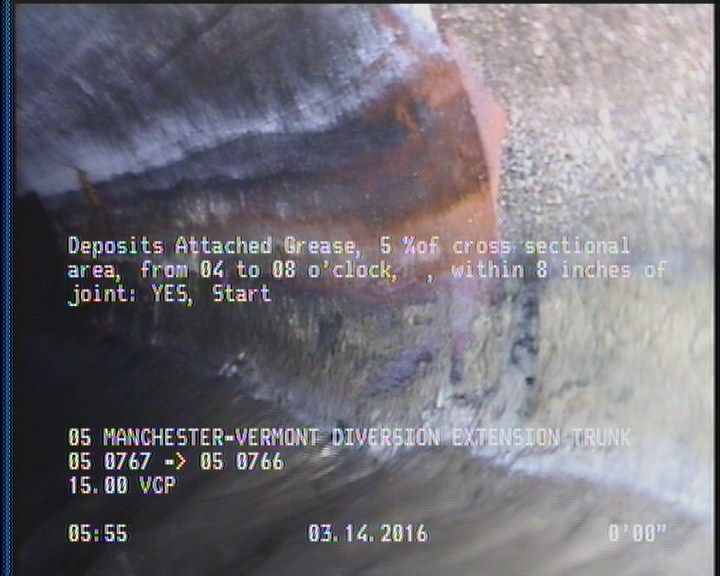 Deposits Attached Grease, 5 %of cross sectional area, from 04 to 08 o'clock, , within 8 inches of joint: YES, Start