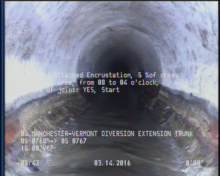 Deposits Attached Encrustation, 5 %of cross sectional area, from 08 to 04 o'clock, , within 8 inches of joint: YES, Start