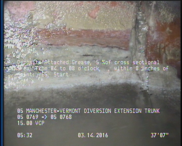 Deposits Attached Grease, 5 %of cross sectional area, from 04 to 08 o'clock, , within 8 inches of joint: YES, Start