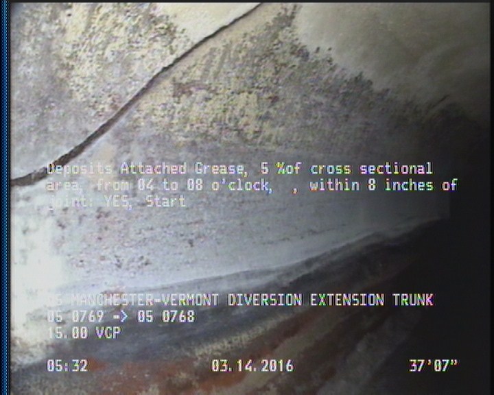 Deposits Attached Encrustation, 5 %of cross sectional area, from 09 to 03 o'clock, , within 8 inches of joint: YES, Start