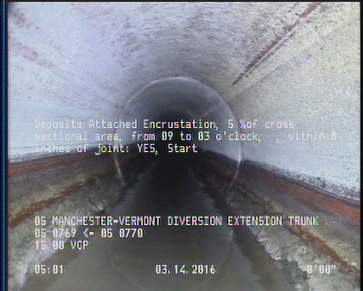 Deposits Attached Encrustation, 5 %of cross sectional area, from 09 to 03 o'clock, , within 8 inches of joint: YES, Start