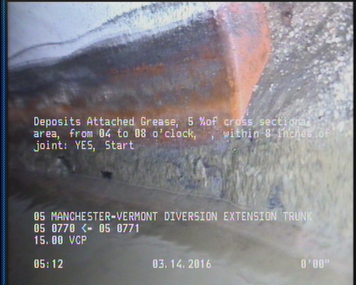 Deposits Attached Grease, 5 %of cross sectional area, from 04 to 08 o'clock, , within 8 inches of joint: YES, Start