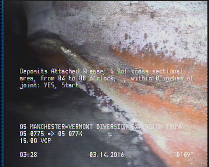 Deposits Attached Grease, 5 %of cross sectional area, from 04 to 08 o'clock, , within 8 inches of joint: YES, Start