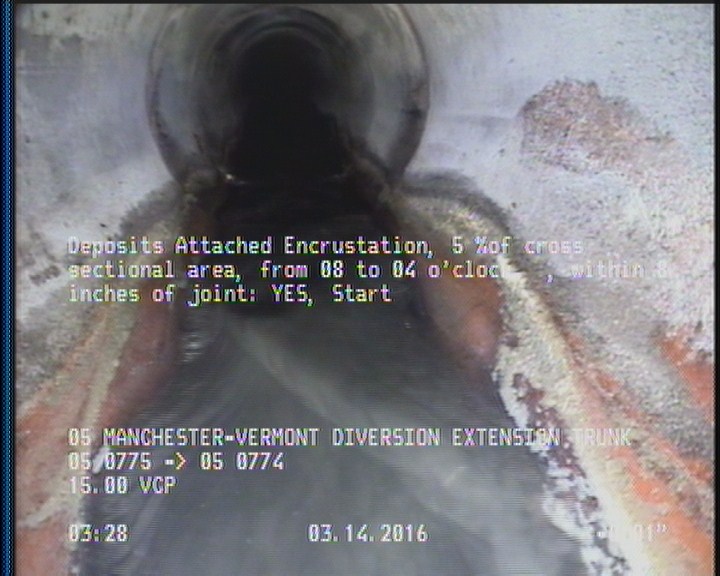 Deposits Attached Encrustation, 5 %of cross sectional area, from 08 to 04 o'clock, , within 8 inches of joint: YES, Start