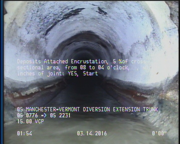 Deposits Attached Encrustation, 5 %of cross sectional area, from 08 to 04 o'clock, , within 8 inches of joint: YES, Start