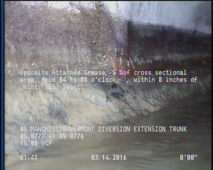 Deposits Attached Grease, 5 %of cross sectional area, from 04 to 08 o'clock, , within 8 inches of joint: YES, Start