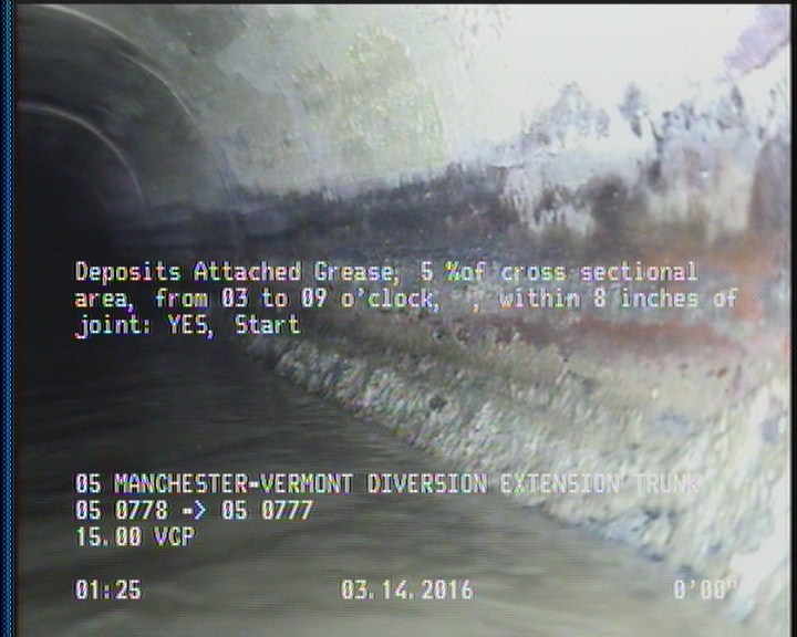 Deposits Attached Grease, 5 %of cross sectional area, from 03 to 09 o'clock, , within 8 inches of joint: YES, Start