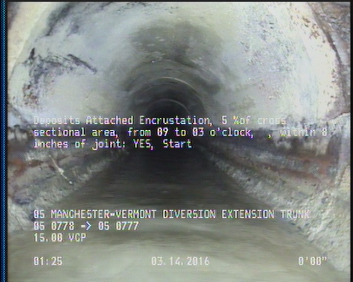 Deposits Attached Encrustation, 5 %of cross sectional area, from 09 to 03 o'clock, , within 8 inches of joint: YES, Start