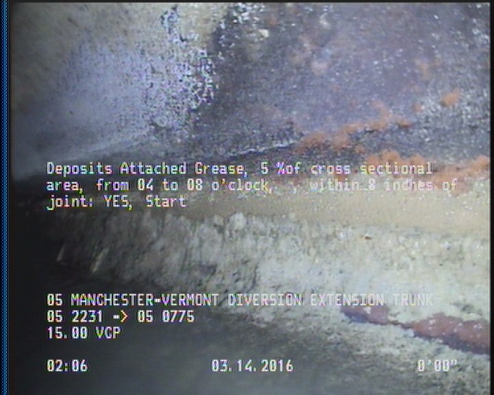 Deposits Attached Grease, 5 %of cross sectional area, from 04 to 08 o'clock, , within 8 inches of joint: YES, Start
