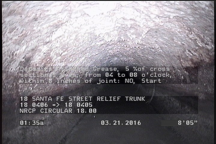Deposits Attached Grease, 5 %of cross sectional area, from 04 to 08 o'clock, , within 8 inches of joint: NO, Start