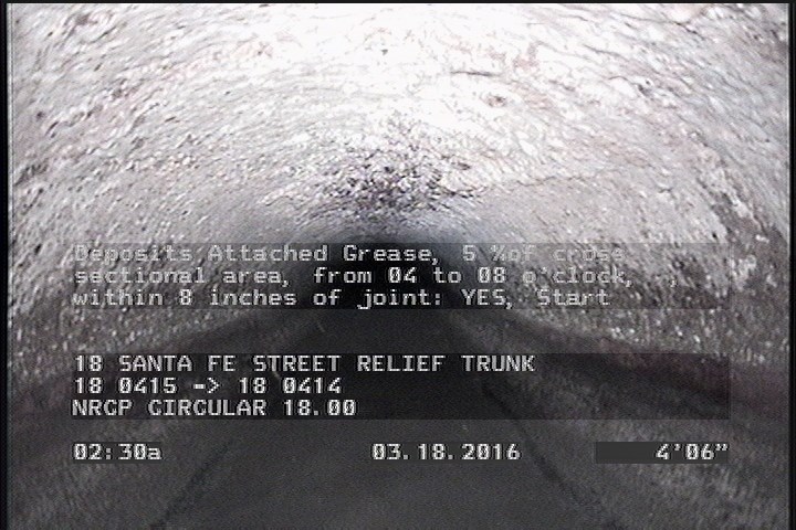 Deposits Attached Grease, 5 %of cross sectional area, from 04 to 08 o'clock, , within 8 inches of joint: YES, Start