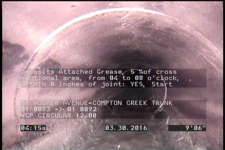 Deposits Attached Grease, 5 %of cross sectional area, from 04 to 08 o'clock, , within 8 inches of joint: YES, Start