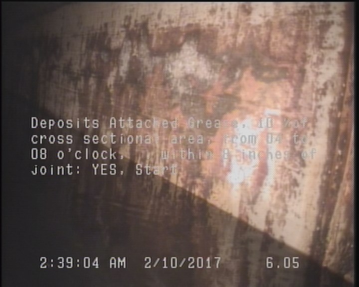 Deposits Attached Grease, 10 %of cross sectional area, from 04 to 08 o'clock, , within 8 inches of joint: YES, Start