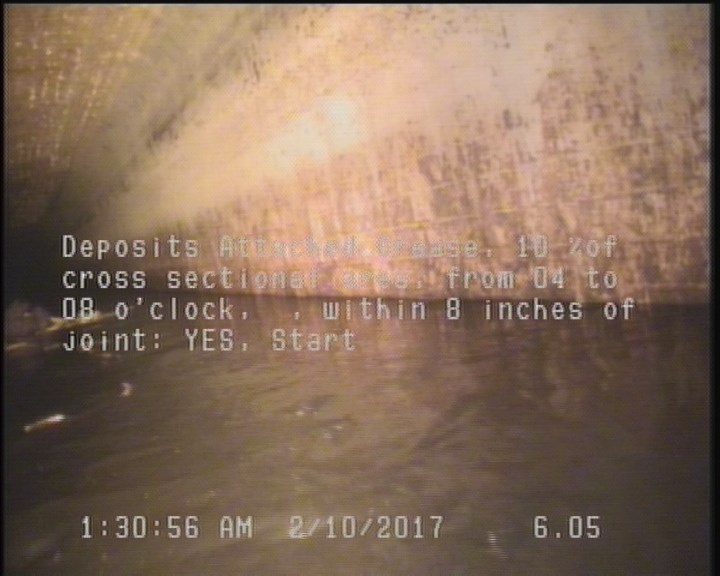 Deposits Attached Grease, 10 %of cross sectional area, from 04 to 08 o'clock, , within 8 inches of joint: YES, Start