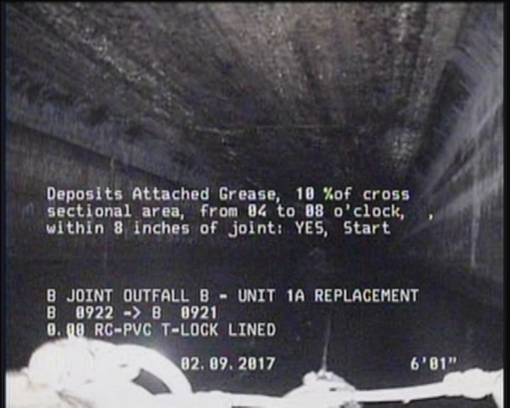 Deposits Attached Grease, 10 %of cross sectional area, from 04 to 08 o'clock, , within 8 inches of joint: YES, Start