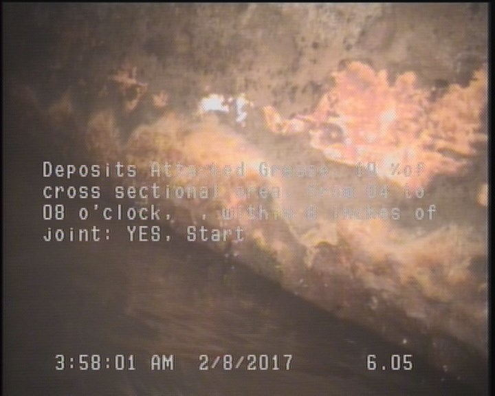 Deposits Attached Grease, 10 %of cross sectional area, from 04 to 08 o'clock, , within 8 inches of joint: YES, Start