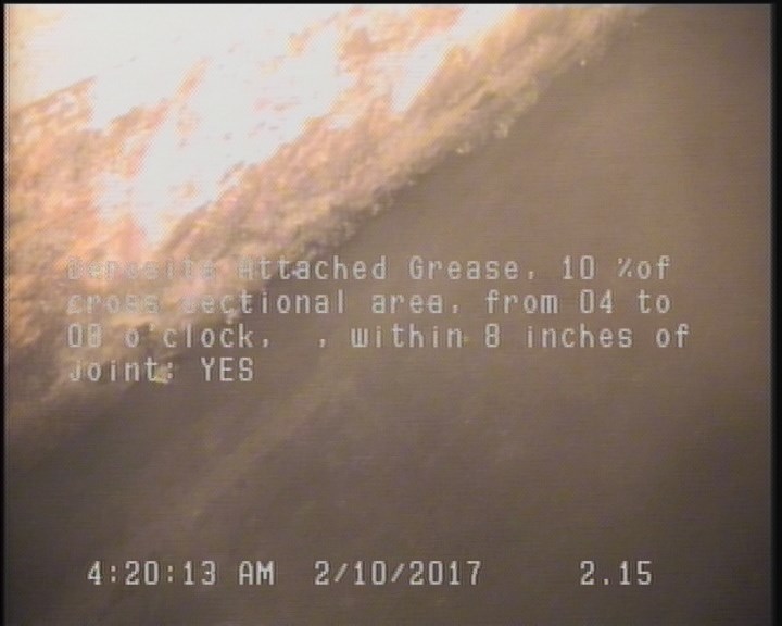 Deposits Attached Grease, 10 %of cross sectional area, from 04 to 08 o'clock, , within 8 inches of joint: YES
