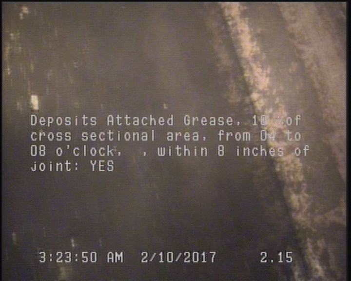 Deposits Attached Grease, 10 %of cross sectional area, from 04 to 08 o'clock, , within 8 inches of joint: YES