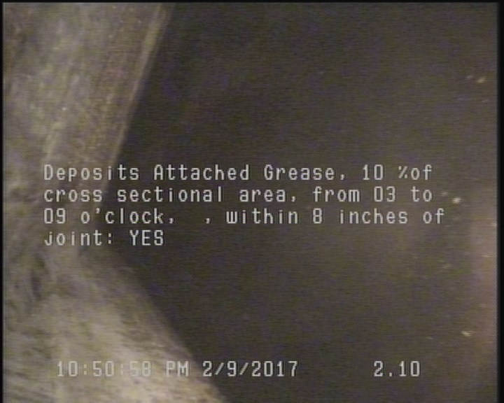Deposits Attached Grease, 10 %of cross sectional area, from 03 to 09 o'clock, , within 8 inches of joint: YES