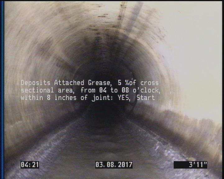 Deposits Attached Grease, 5 %of cross sectional area, from 04 to 08 o'clock, , within 8 inches of joint: YES, Start
