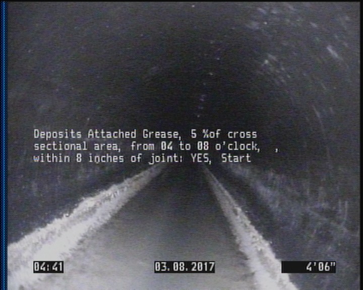 Deposits Attached Grease, 5 %of cross sectional area, from 04 to 08 o'clock, , within 8 inches of joint: YES, Start