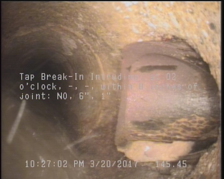Tap Break-In Intruding, at 02 o'clock, -, -, within 8 inches of joint: NO, 6", 1"