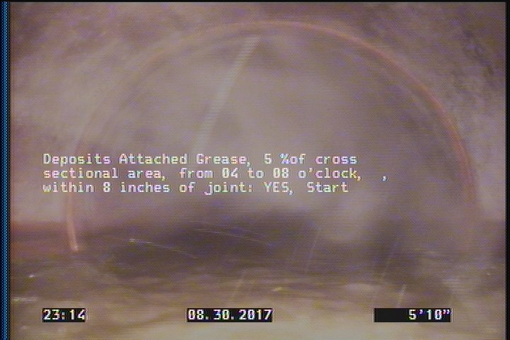 Deposits Attached Grease, 5 %of cross sectional area, from 04 to 08 o'clock, , within 8 inches of joint: YES, Start