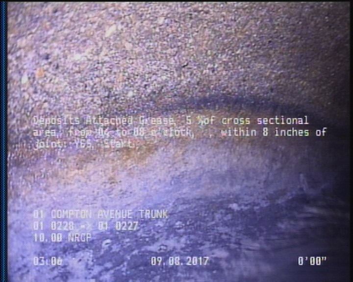 Deposits Attached Grease, 5 %of cross sectional area, from 04 to 08 o'clock, , within 8 inches of joint: YES, Start