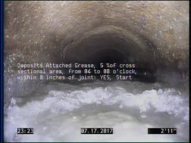 Deposits Attached Grease, 5 %of cross sectional area, from 04 to 08 o'clock, , within 8 inches of joint: YES, Start