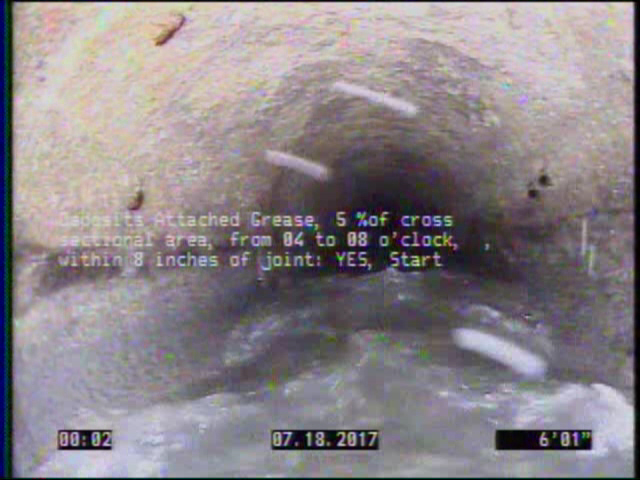 Deposits Attached Grease, 5 %of cross sectional area, from 04 to 08 o'clock, , within 8 inches of joint: YES, Start