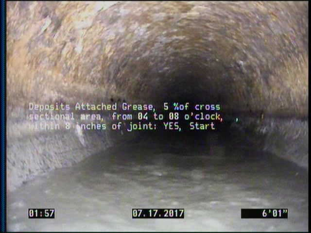 Deposits Attached Grease, 5 %of cross sectional area, from 04 to 08 o'clock, , within 8 inches of joint: YES, Start