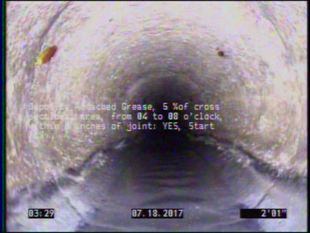 Deposits Attached Grease, 5 %of cross sectional area, from 04 to 08 o'clock, , within 8 inches of joint: YES, Start