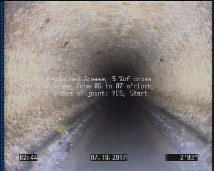 Deposits Attached Grease, 5 %of cross sectional area, from 05 to 07 o'clock, , within 8 inches of joint: YES, Start