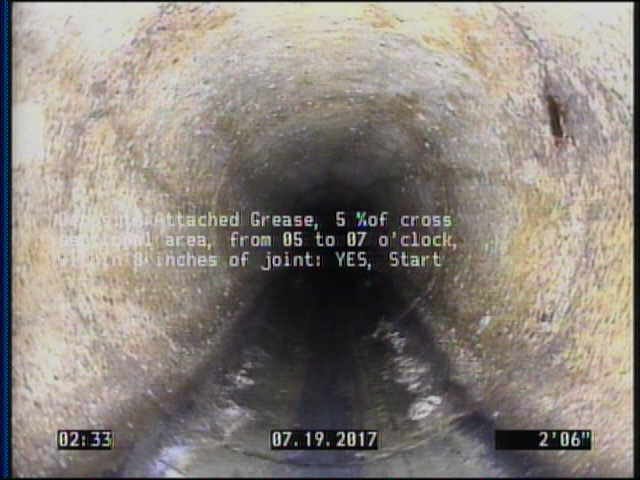 Deposits Attached Grease, 5 %of cross sectional area, from 05 to 07 o'clock, , within 8 inches of joint: YES, Start