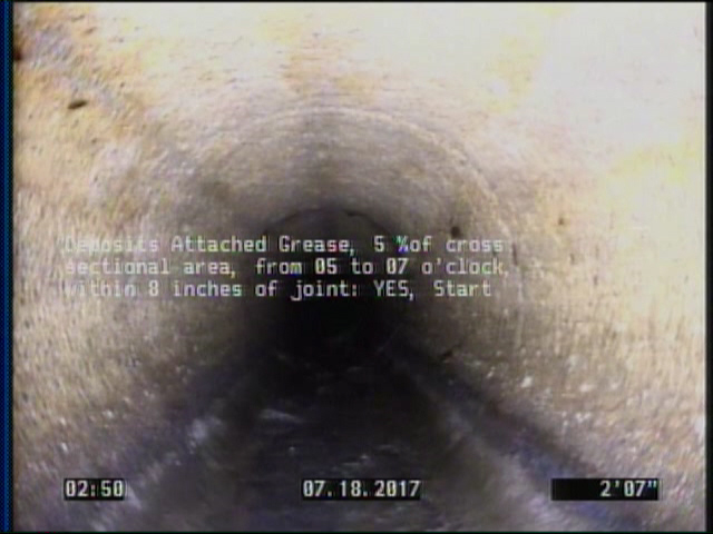 Deposits Attached Grease, 5 %of cross sectional area, from 05 to 07 o'clock, , within 8 inches of joint: YES, Start